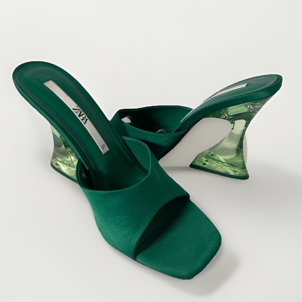 Zara Emerald Green Satin Heeled Mules